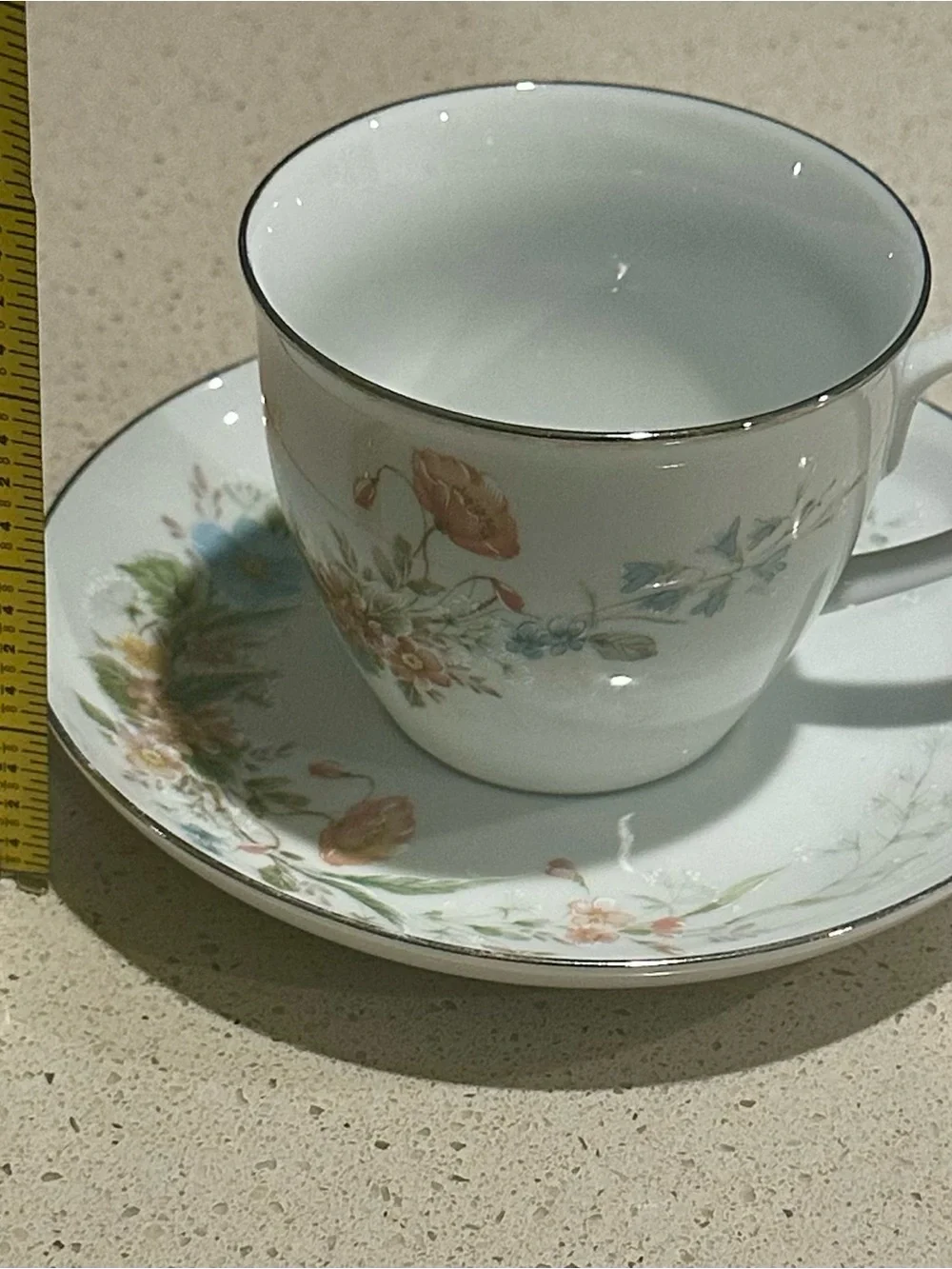 White Porcelain Teacup and Saucer with Pastel Floral Design and Gold Trim